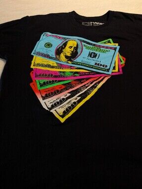 Tony Hawk Black Tee with Neon Stacked $100 Bill Graphic. Xl
